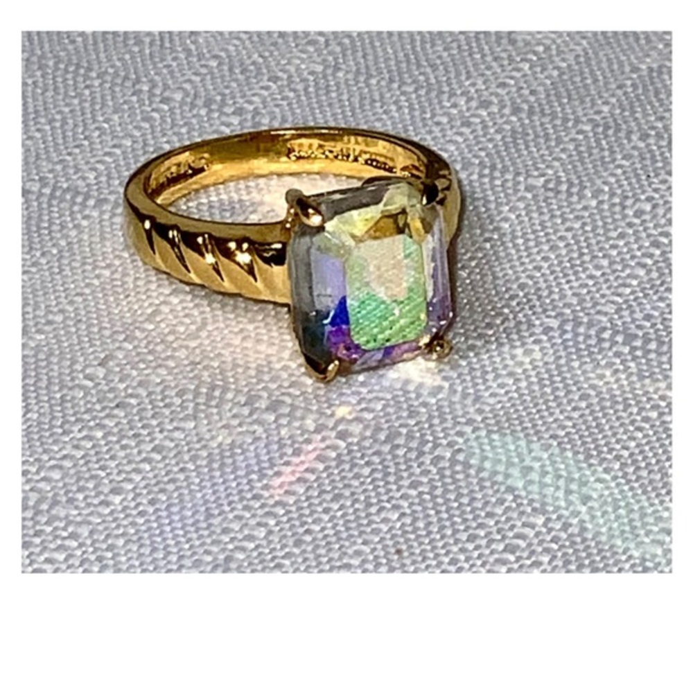 Lind Ring Aurora Borealis 14K Heavy Gold Electroplated Size 8 Signed Vintage